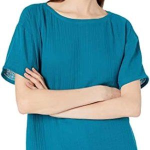 Eileen Fisher Organic Cotton‎ Lofty Gauze Crinkle Bateau Neck Teal Turquoise Top